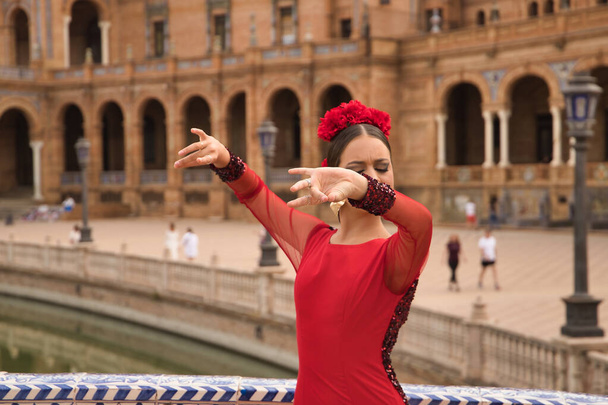 Joven adolescente en traje de baile rojo con claveles rojos en el pelo haciendo poses de baile flamenco. Concepto flamenco, danza, arte, danza típica española. - Foto, Imagen
