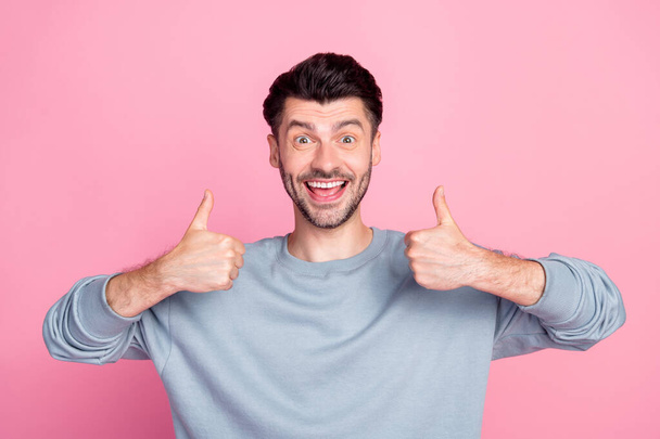 Photo of cheerful satisfied person two arms fingers show thumb up approve isolated on pink color background. - Fotografie, Obrázek
