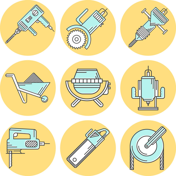 Flat line colored vector icons for construction equipment - Διάνυσμα, εικόνα