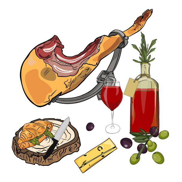 Set of Italian food. Jamon on a stand, a bottle of wine, olives, cheese as a blank for a designer, logo, label, icon - Vector, Image