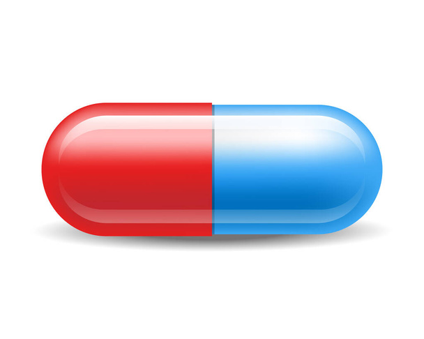 Red-blue pill capsule. Close-up pill vector icon isolated on white background. Tablet design template, capsules for graphics, mockup. Medical and healthcare concept - Vector, Image