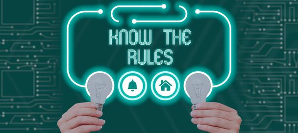 Szöveg megjelenítése Know The Rules, Business idea Ismerje meg az elfogadott alapelvet vagy utasításokat a Blank Color Ribbons képviseletében Creative Banners for Advertisement. - Fotó, kép