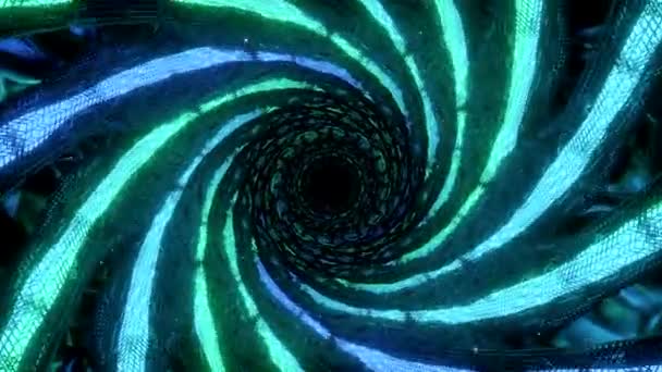 Un tunnel tourbillonnant bleu et vert. Conception. Les lignes lumineuses qui composent le motif kaléidoscope tournent à grande vitesse dans l'abstraction. Images 4k de haute qualité - Séquence, vidéo