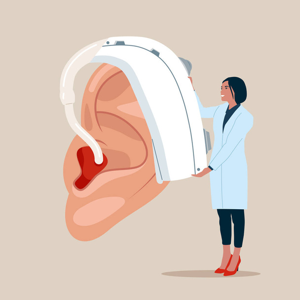 Векторная изолированная иллюстрация с молодой женщиной-врачом, которая надевает слуховой аппарат на увеличенное ухо. Концепция слуховых аппаратов, лечение глухоты. - Вектор,изображение
