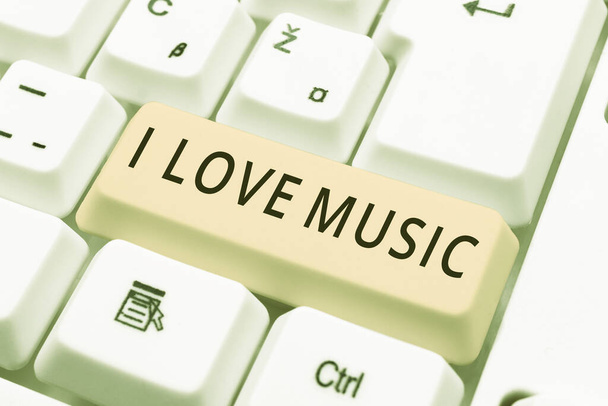 Szöveg felirat bemutató I Love Music, Koncepció jelentése Szeretettel a jó hangok lírai énekesek zenészek hölgy öltönyben toll szimbolizálja sikeres csapatmunka eredmények. - Fotó, kép
