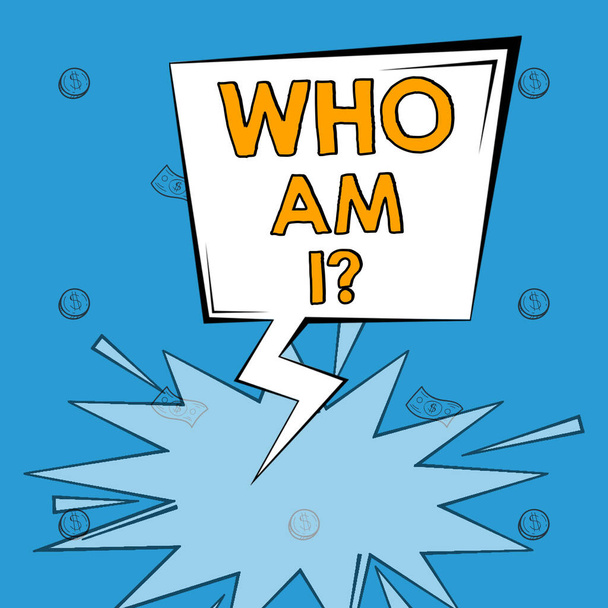 Hand writing sign Who Am I, Concept meaning Introduce Identify yourself personality likes dislikes profile - Photo, Image
