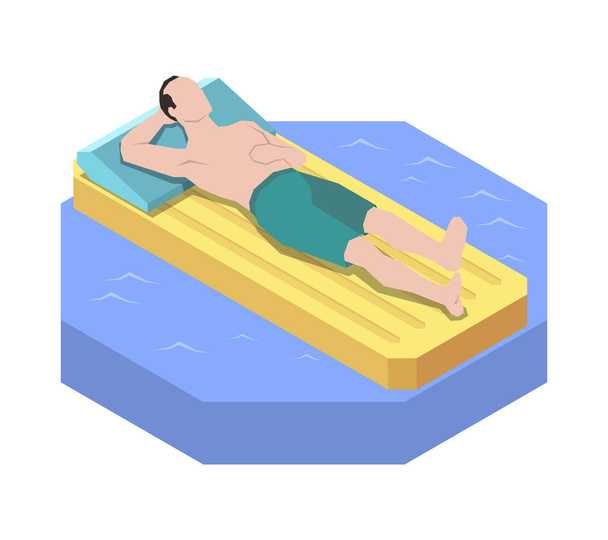 Isometric man relaxing on inflatable airbed in swimming pool or sea 3d vector illustration - Vektor, obrázek