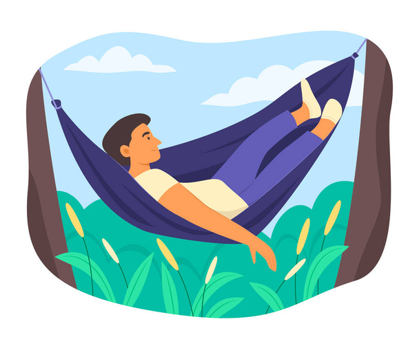 Man Lying Down to Relax in Hammock and Enjoy Outdoor Living - Vector, afbeelding