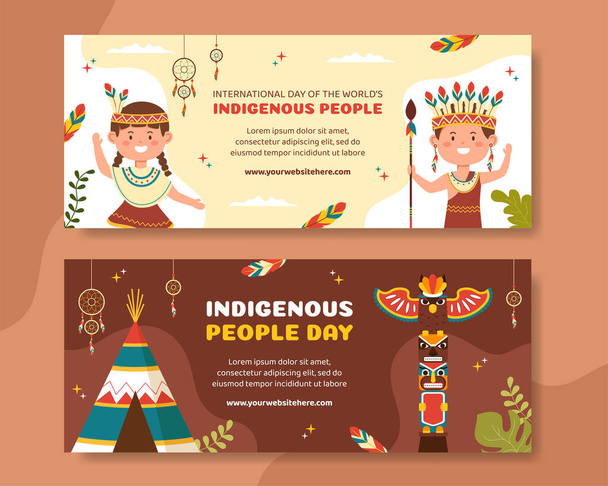World Indigenous Peoples Day Horizontal Banner Template Hand Drawn Cartoon Flat Illustration - Vector, Imagen