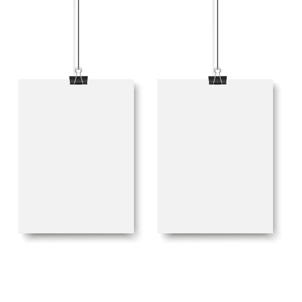 Blank posters hanging on a binder clips. White paper sheet hangs on a rope with clips. Vector illustration - Vetor, Imagem