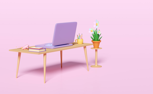 3d laptop computer on table with desk in office, coffee cup, plane, textbook, book, flower pot isolated on pink background. 3d render illustration, clipping path - Fotó, kép