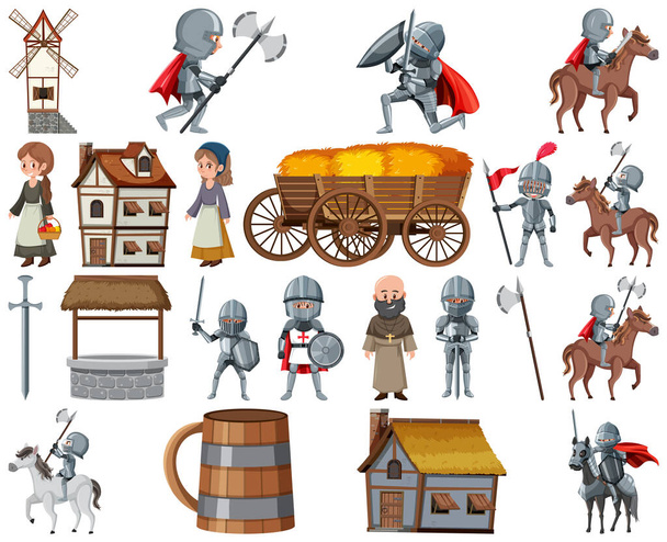 Иллюстрация персонажей и объектов средневековой карикатуры - Вектор,изображение