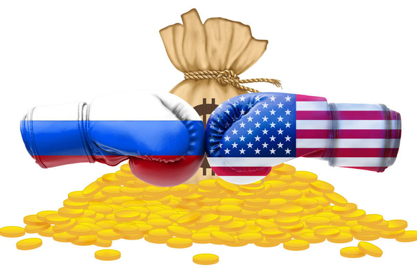 3D illustration flags of Russia and USA on pile of gold coins background. - Fotoğraf, Görsel