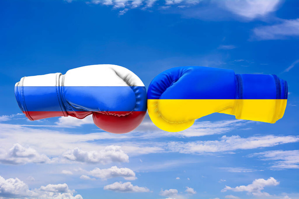 3D illustration flags of Russia and Ukraine on blue cloudy sky background. - Valokuva, kuva