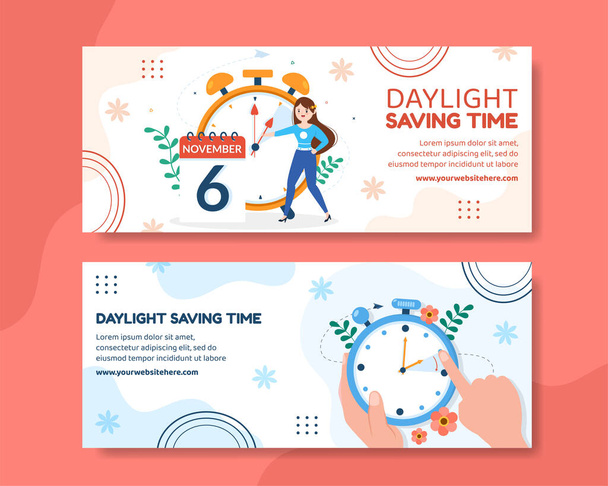 Daylight Savings Time Horizontal Banner Template Hand Drawn Cartoon Flat Illustration - Vettoriali, immagini
