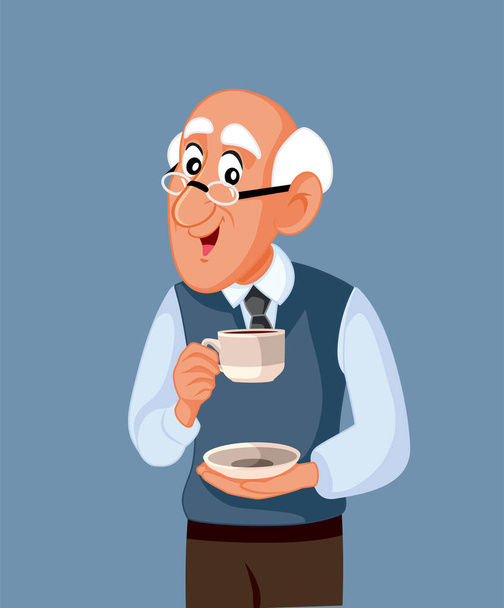 Happy Senior Man Drinking His Coffee Vector Cartoon Illustration - Vector, imagen