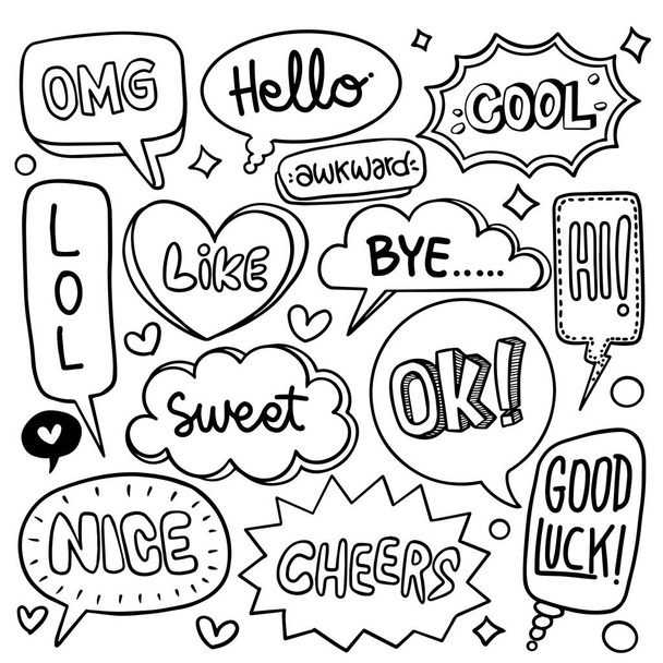 Set of cute speech bubble in doodle style isolated on white background, Vector hand drawn set speech bubble theme. Vector illustration - ベクター画像