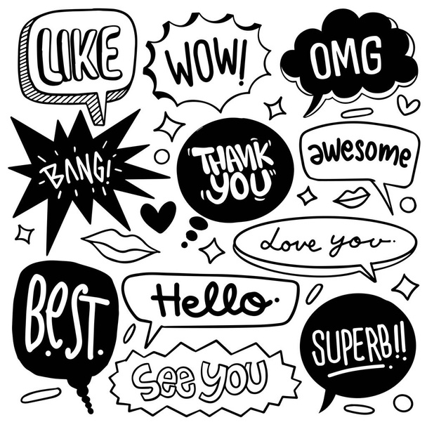 Set of cute speech bubble in doodle style isolated on white background, Vector hand drawn set speech bubble theme. Vector illustration - ベクター画像