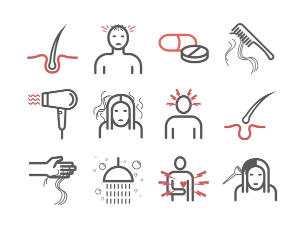 Hair Loss. Line icons. Vector signs for web graphics. - Vector, Image
