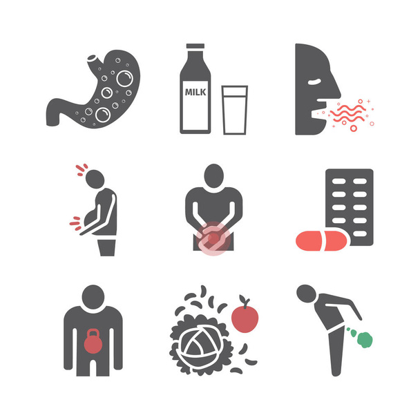 Flatulence. Symptoms, Treatment. Flat icons set. Vector signs for web graphics - Vektori, kuva