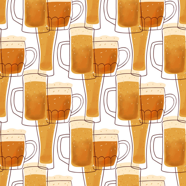 Візерунок швів зі стилізованими ілюстраціями чашки пива жовтого кольору фону
. - Вектор, зображення