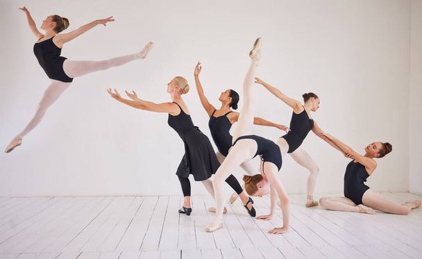 Ballet training, dance students or studio routine with group diversity of ballerina dancers in jump performance for stage or theatre. Creative theater art or women in beauty or elegant learning class. - 写真・画像