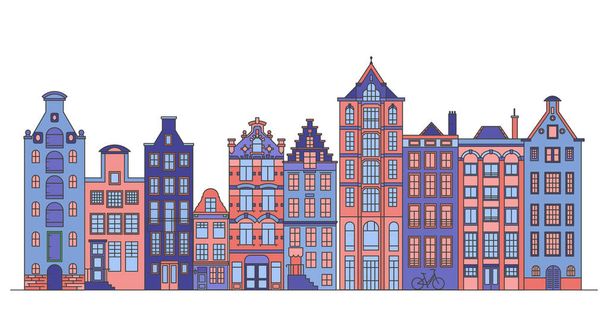 Rangée de maisons de style Amsterdam. Façades de vieux bâtiments européens pour la décoration de Noël. Illustration vectorielle plate. - Vecteur, image