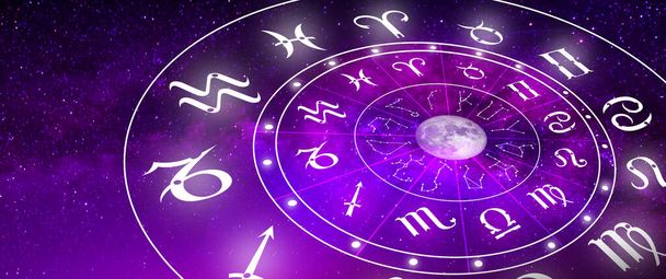 Астрология Зодиак знак гороскопа со звездой и лунным фоном. Волшебная сила фортуны во Вселенной. - Фото, изображение