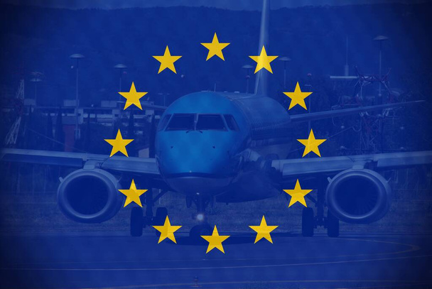 Close up view of a plane with the European Flag. Concept of Planes in Europe or European flights - Fotografie, Obrázek