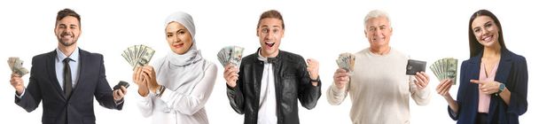 Set of happy men with money on white background - Foto, Bild