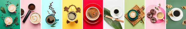 Collage with many cups of coffee on colorful background, top view - Foto, Imagem