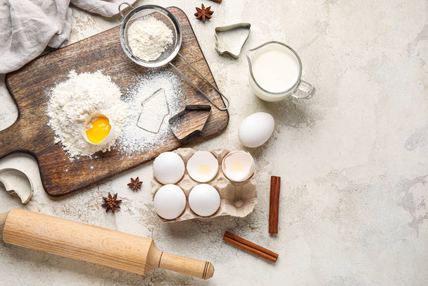 Composition with ingredients for baking on light background - Foto, afbeelding
