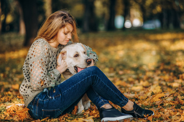 A young blonde woman is playing in the autumn park with her labrador. Evening walk with a labrador. Love for pets. - Foto, imagen
