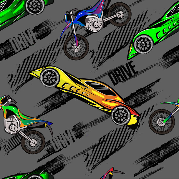 Abstract seamless pattern with sport cars and motorbikes. Bright background with grunge elements for textiles, children's clothes, prints. Pattern for boys - Vector, Image