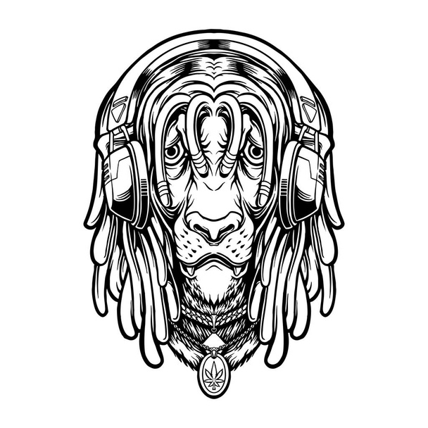 Lion listening music with smoking weed silhouette Vector illustrations for your work Logo, mascot merchandise t-shirt, stickers and Label designs, poster, greeting cards advertising business company or brands. - Vektör, Görsel