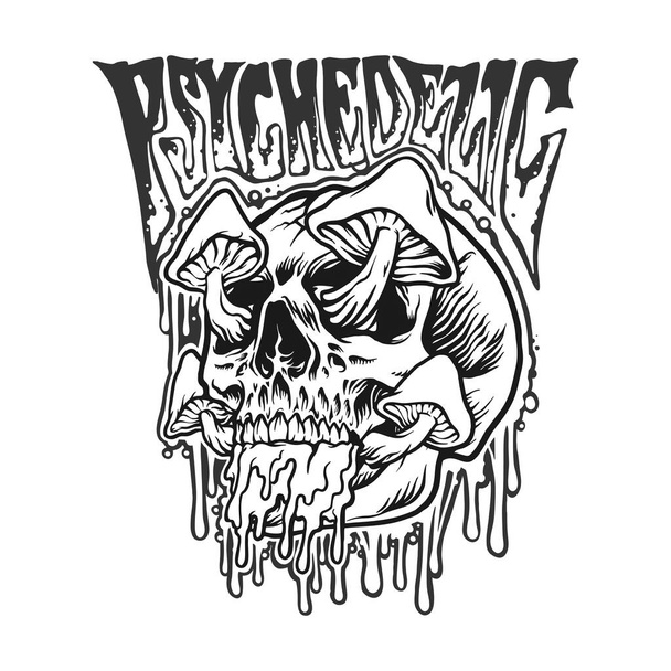 Psychedelic skull mushrooms melt monochrome Vector illustrations for your work Logo, mascot merchandise t-shirt, stickers and Label designs, poster, greeting cards advertising business company or brands. - Vektor, kép