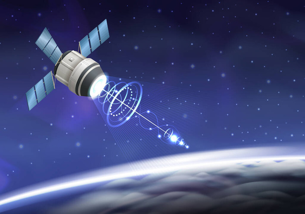 Rocket spacecraft launch realistic composition with view of outer space earth orbit and flying artificial satellite vector illustration - Wektor, obraz