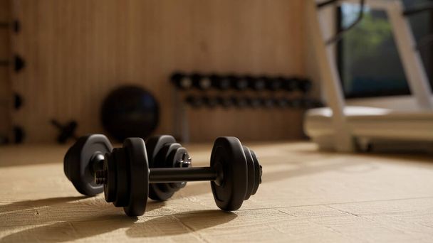 Dumbbells on the fitness floor, close-up image. Fitness gym training sport equipments concept. 3d rendering, 3d illustration - Fotoğraf, Görsel