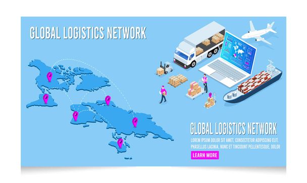 3D ισομετρική έννοια παγκόσμιο δίκτυο logistics με τις μεταφορές, τις εξαγωγές, τις εισαγωγές, το φορτίο και πολλά άλλα. Εύκολο στην επεξεργασία και την προσαρμογή. Εικονογράφηση διανύσματος EPS 10 - Διάνυσμα, εικόνα