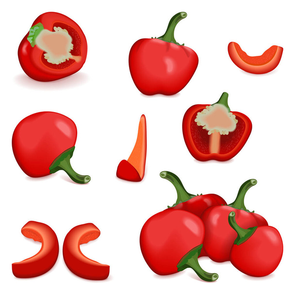 Set of Cherry Pepper for banners, social media. Whole, half, sliced and wedges peppers. Pimento. Pimiento. Capsicum annuum. Fresh organic vegetables. Vector illustration isolated on white background. - Vector, afbeelding