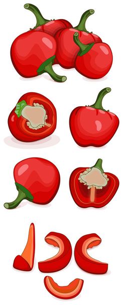 Set of Cherry Pepper for banners, social media. Whole, half, sliced and wedges peppers. Pimento. Pimiento. Capsicum annuum. Vegetables. Cartoon style. Vector illustration isolated on white background. - ベクター画像