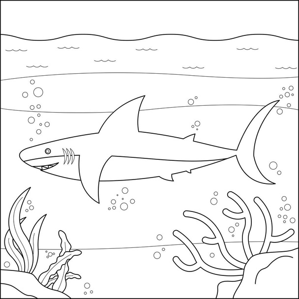 Shark on the seabed suitable for children's coloring page vector illustration - Vector, Image