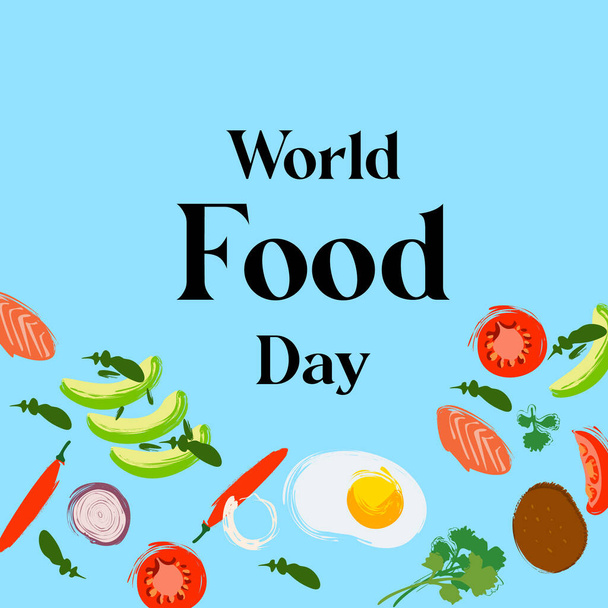 Food illustrations on blue background with text World Food Day. - Wektor, obraz