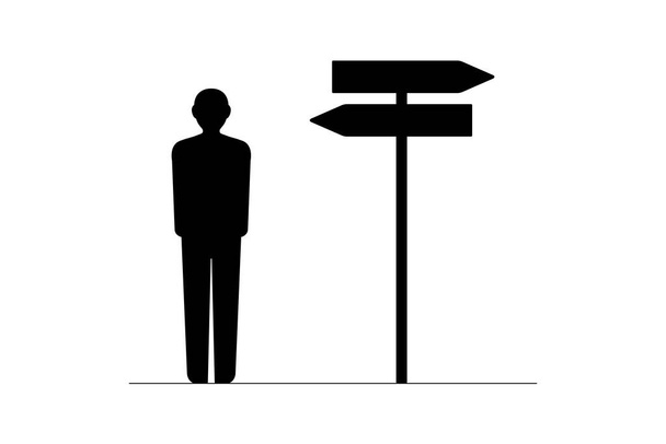 Icon of a Man standing at a crossroads with directional sign arrows in opposite way. Choice, career path or decision concept. Flat Vector illustration - Vettoriali, immagini