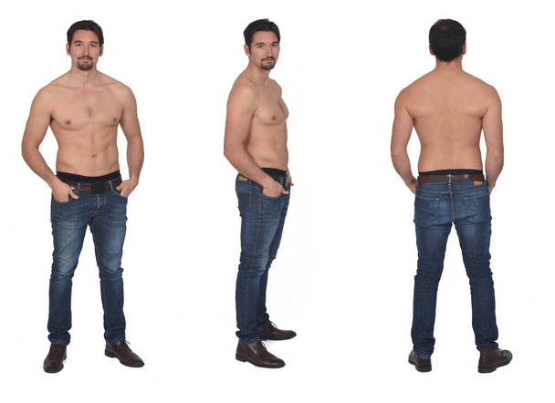 front side and back of same shirtless on white backgrouond - Foto, imagen