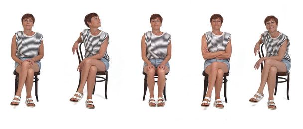 front view of same woman sitting chair, various poses on white background - Foto, Imagem
