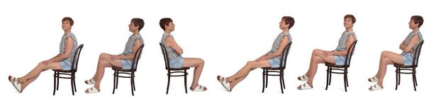 side view of same woman sitting chair, various poses on white background - Foto, immagini