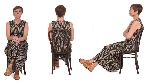 μπροστά, πίσω και πλευρική άποψη ίδια μεσήλικες γυναίκες που κάθονται σε καρέκλα σε λευκό φόντο - Φωτογραφία, εικόνα
