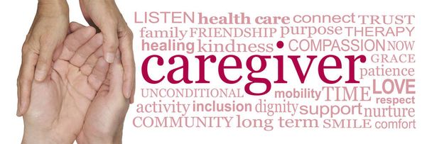 Words associated with being a caregiver - female hands cupped around male hands beside a word cloud relevant to a care worker on a white background - Photo, Image