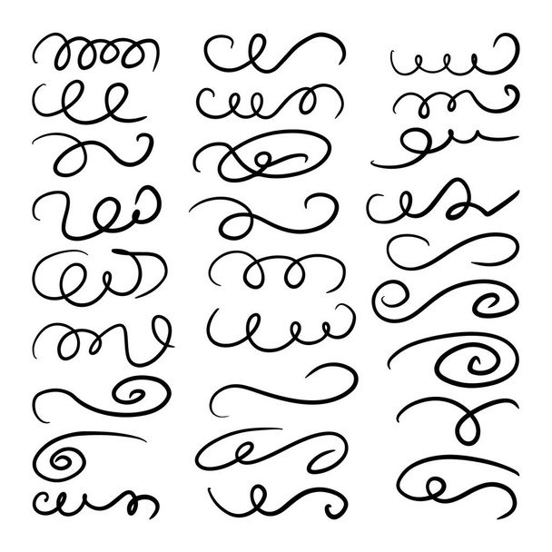 Curls abstract scribble with hand drawn line. Doodle decorative curls, swirls, flourishes and text calligraphy dividers collection. Simple vintage elements isolated on white background for design. - Vektor, Bild